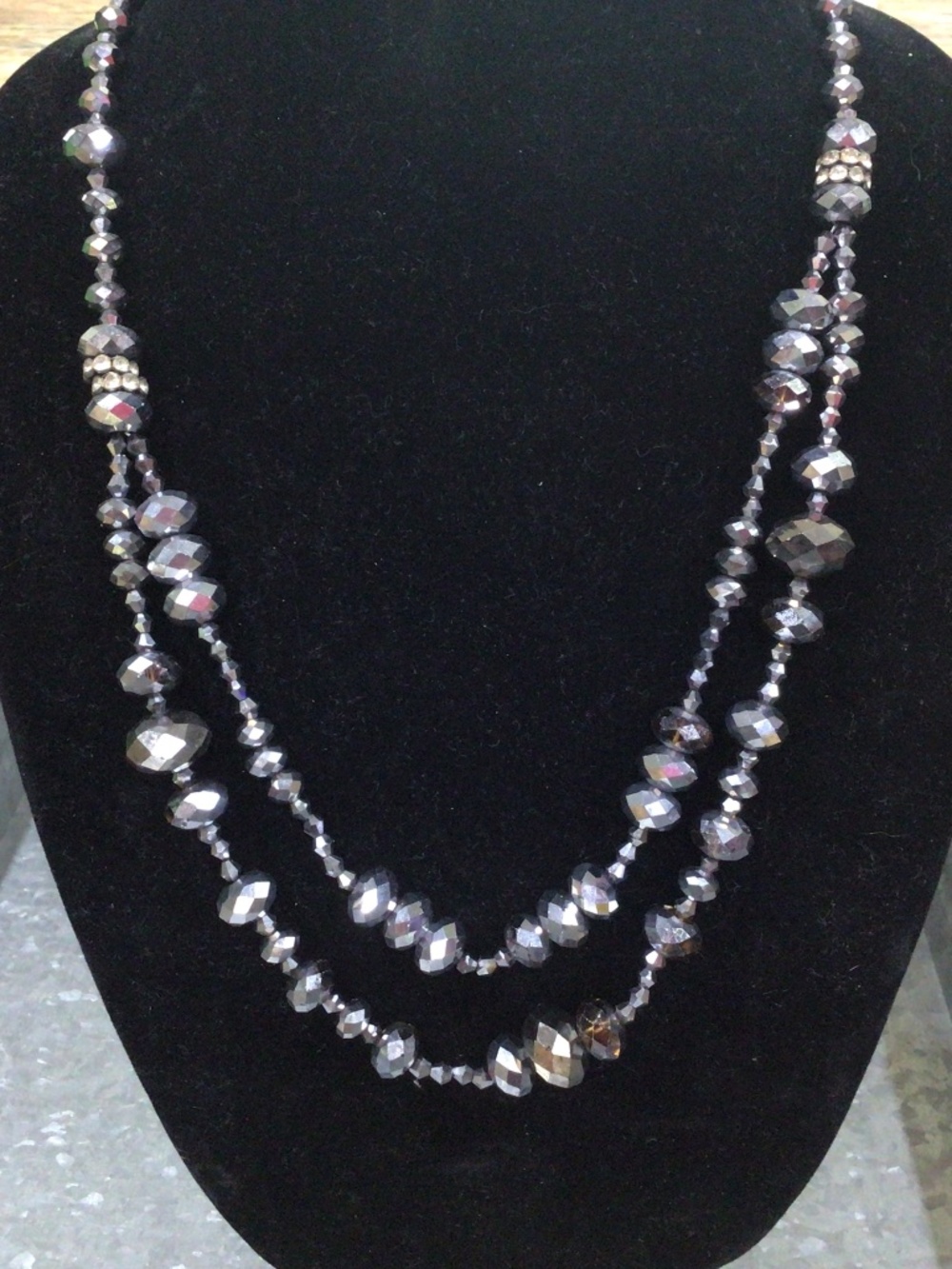 Gunmetal/ hematite, metallic luster, double stranded glass bead  necklace